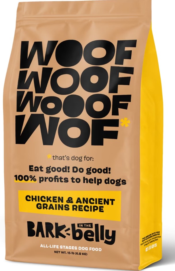 Bark & Belly Chicken & Ancient Grains Recipe dog food bag with a tan background and bold text.
