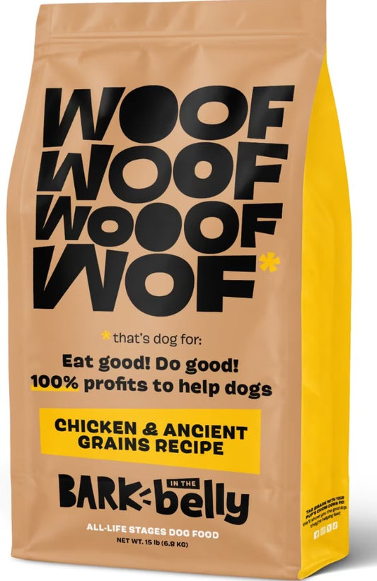 Bark & Belly Chicken & Ancient Grains Recipe dog food bag with a tan background and bold text.