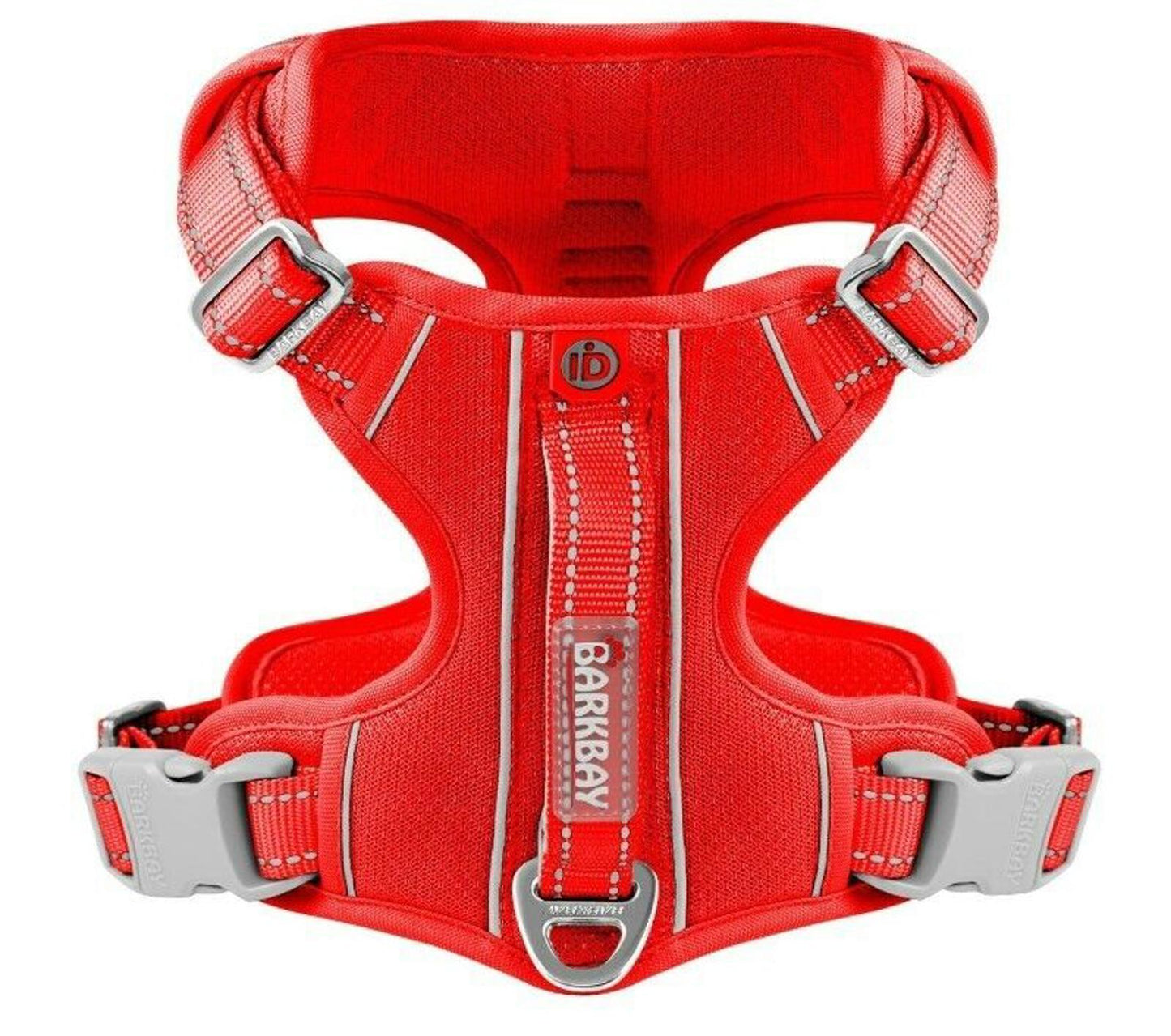 Barkbay red dog harness with adjustable straps and padded design for comfort.