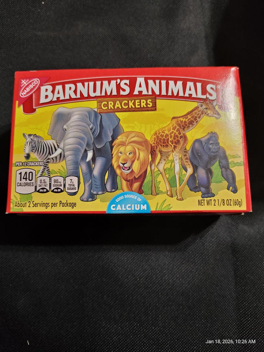 Barnum's Animals Crackers box featuring a lion, elephant, zebra, and giraffe on the packaging.