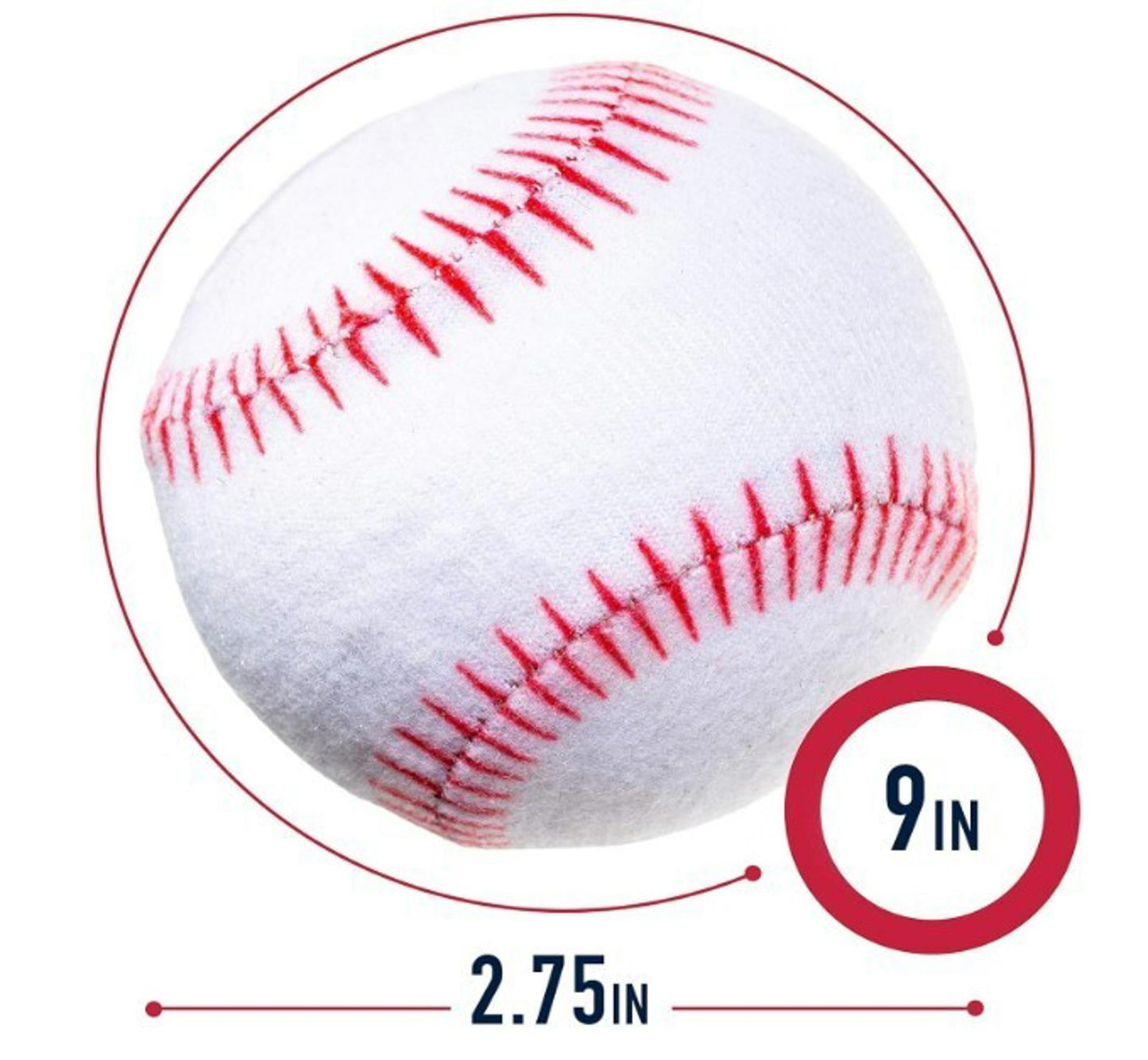 Baseball with red stitching, measuring 9 inches in diameter and 2.75 inches in height.