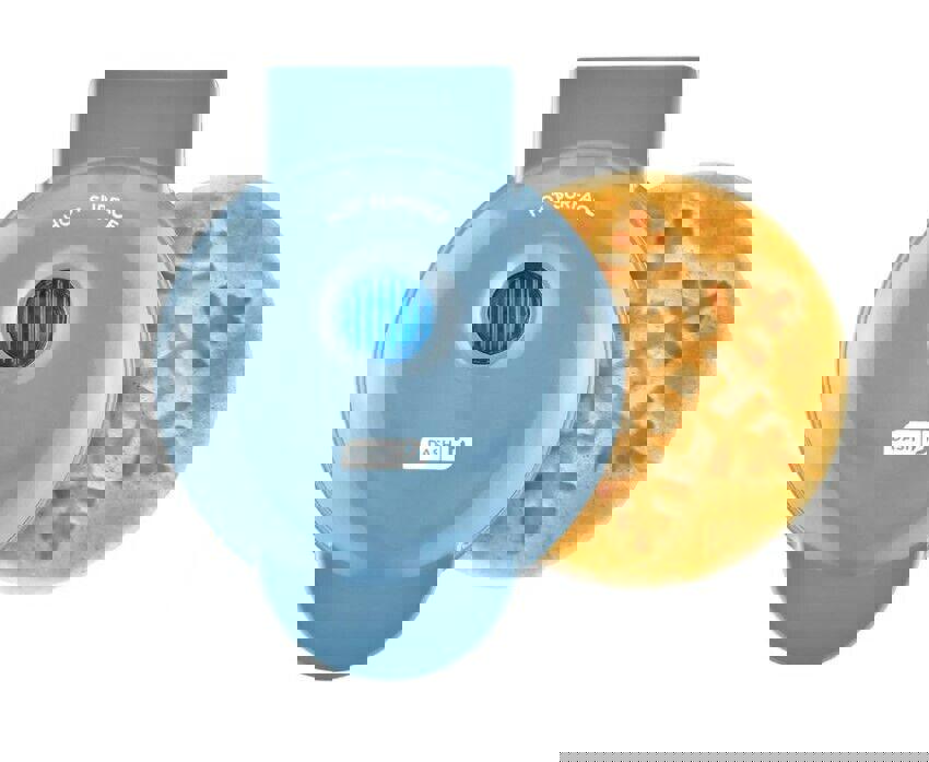 Bash snowflake waffle maker with a blue exterior and a freshly made waffle.