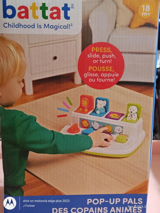 Battat Pop-Up Pals toy featuring colorful animal figures for interactive play.