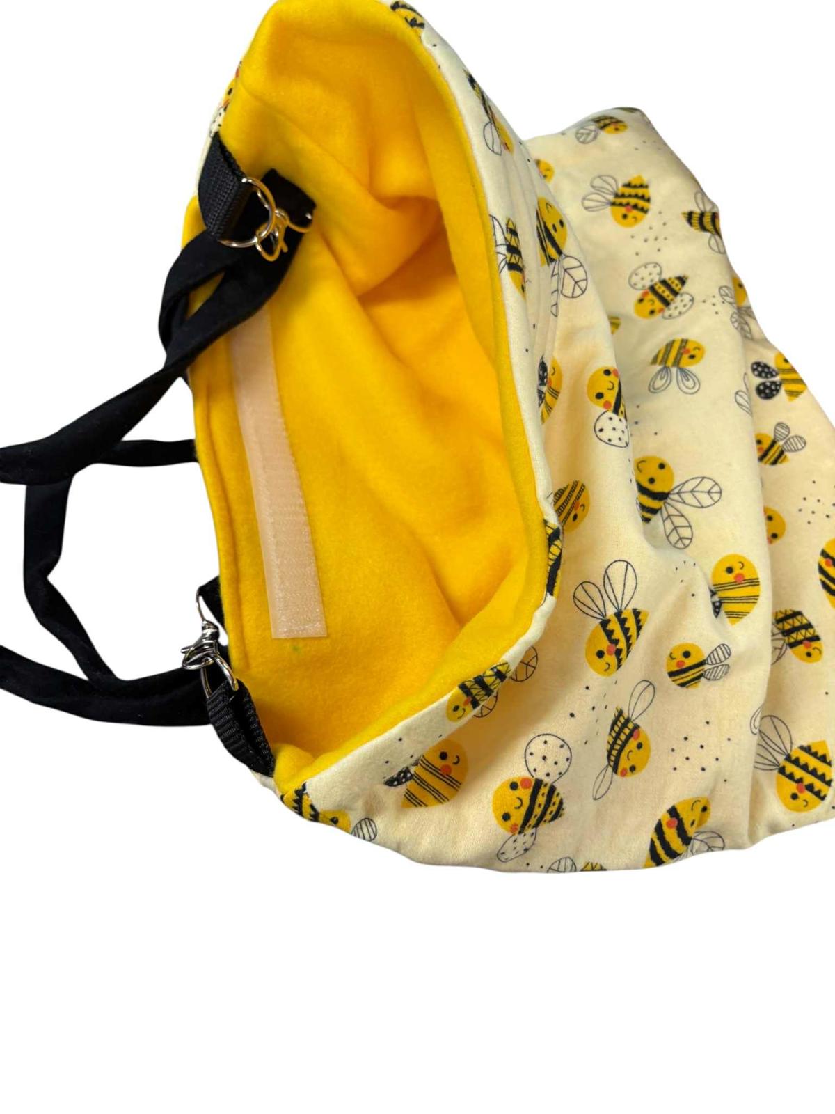 Bee Print Tote Bag with Yellow Lining and Black Straps.