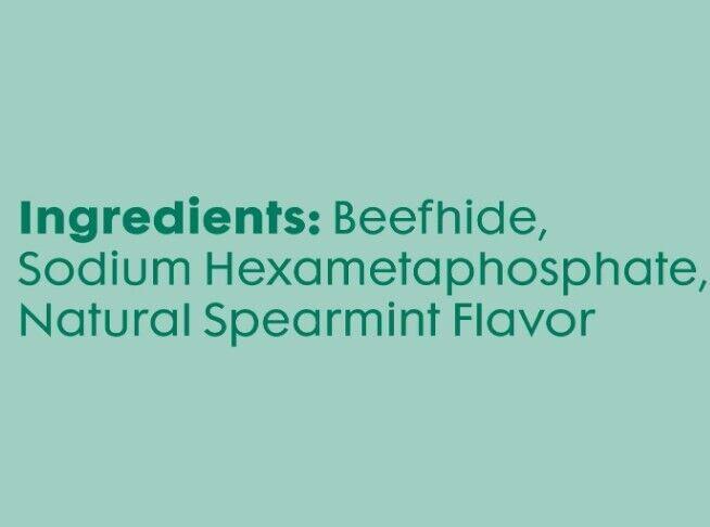 Beefhide chew treats ingredients list including sodium hexametaphosphate and natural spearmint flavor.