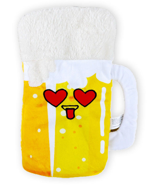 Beer Mug Plush Toy with heart eyes and tongue sticking out, featuring a frothy top.