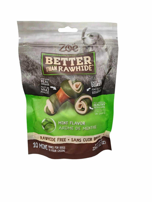 Better Than Rawhide mint flavor dog treats in a green and brown packaging, healthy and rawhide-free.