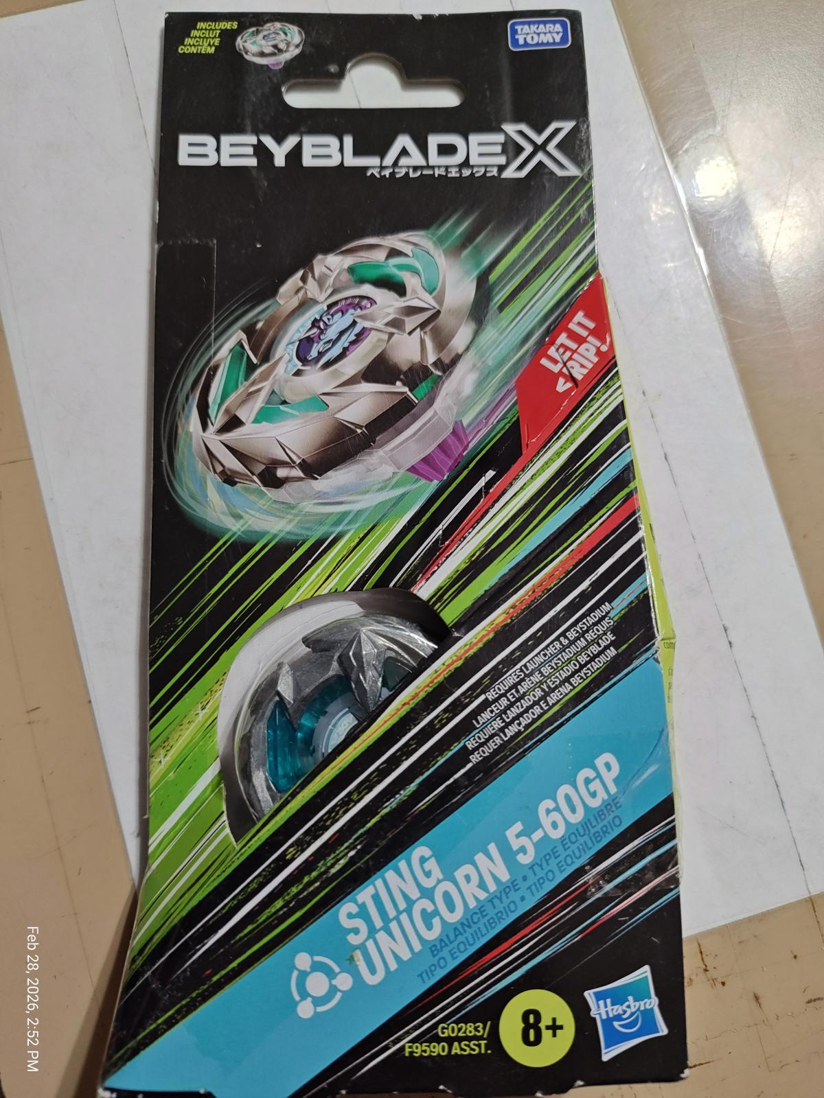 Beyblade X Sting Unicorn 5-60GP packaging featuring vibrant colors and design details.