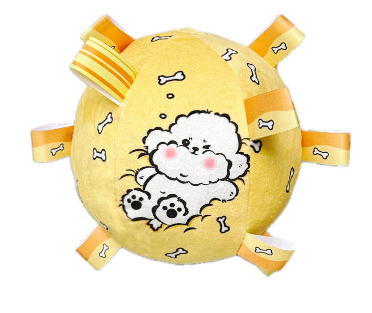 Cute plush dog toy featuring a fluffy dog design and colorful ribbons.