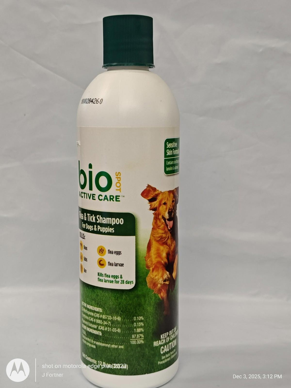 Bio Active Care Flea and Tick Shampoo for Dogs and Puppies, featuring a happy dog on the label.