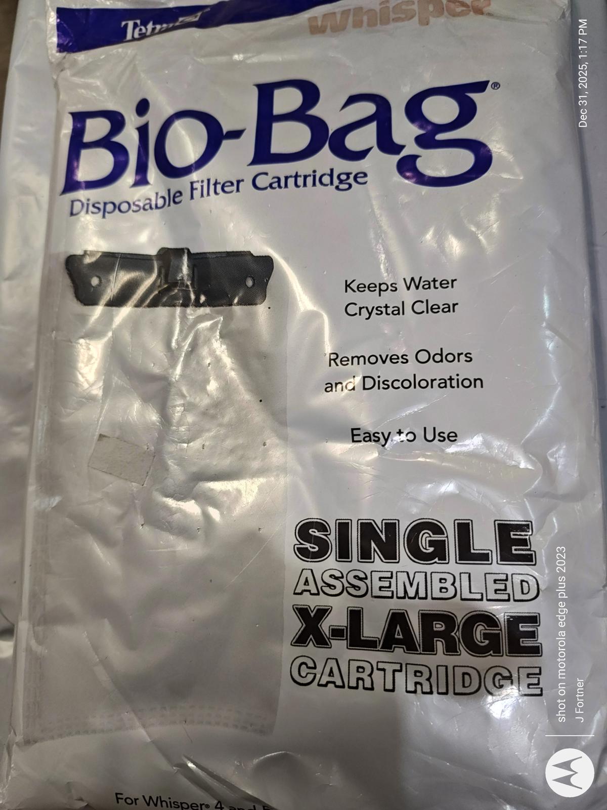 Bio-Bag disposable filter cartridge for crystal clear water, removes odors and discoloration.