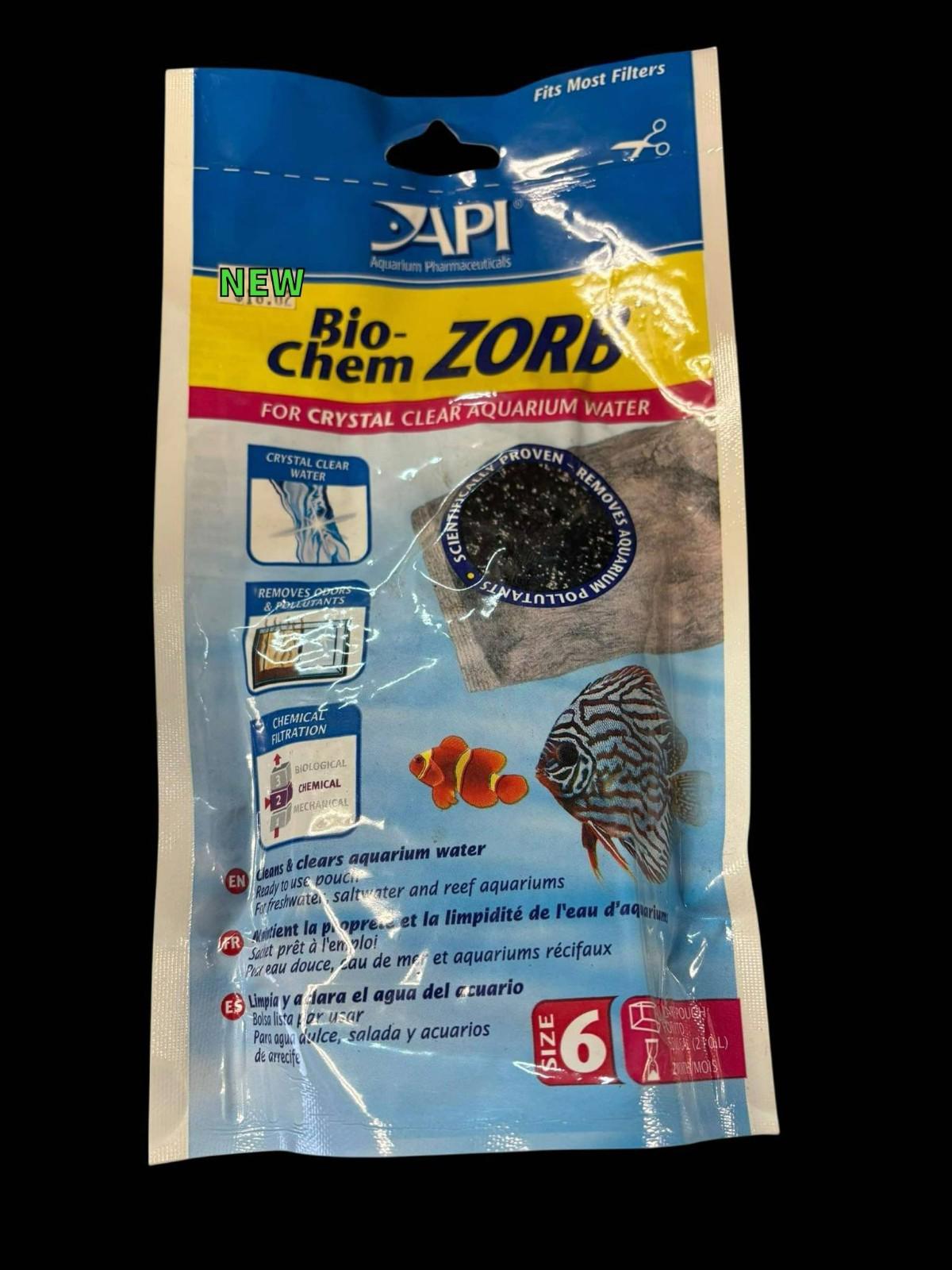 Bio-Chem ZORB by API for crystal clear aquarium water, featuring a black filtration media in a blue package.