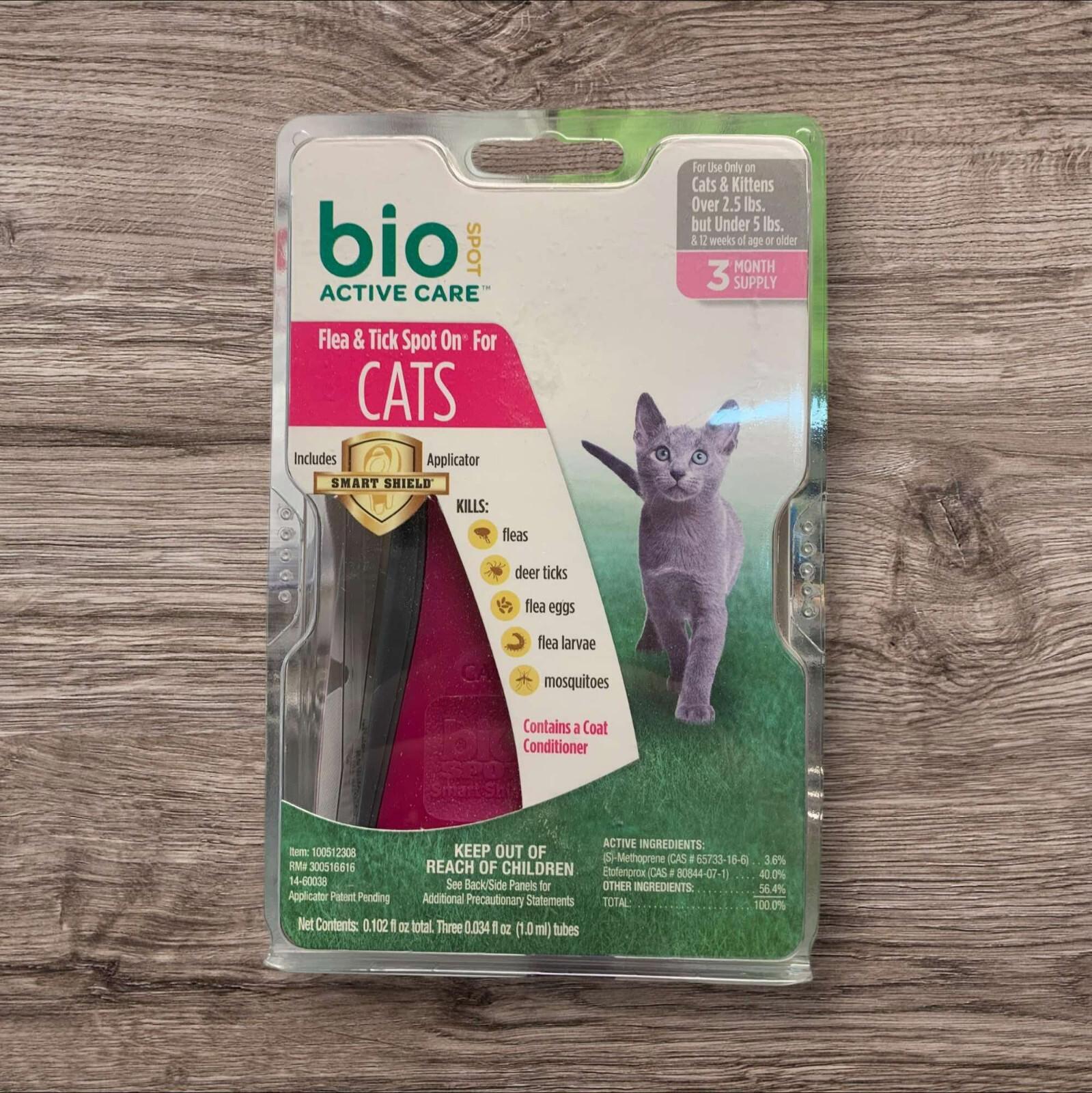 Bio Spot Active Care flea and tick spot on for cats, featuring a purple cat illustration and product details.