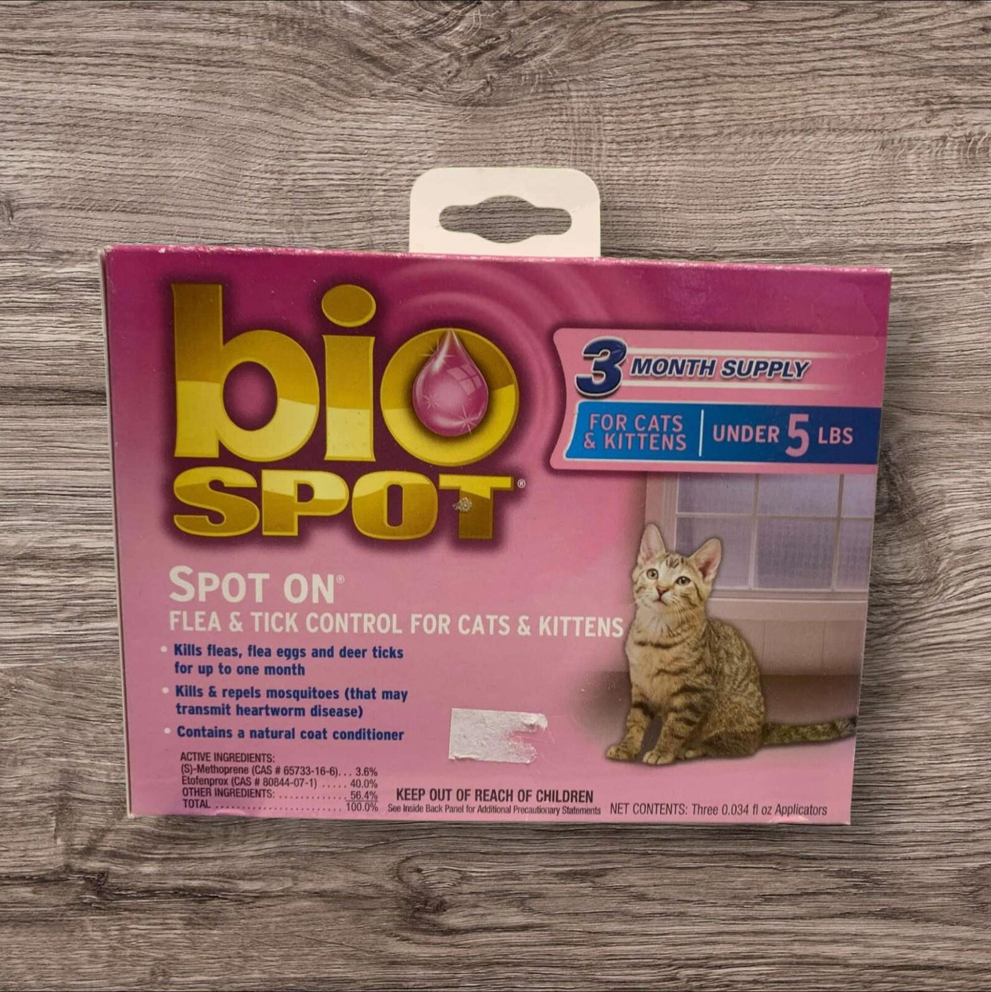 Bio Spot flea and tick control for cats and kittens under 5 lbs, featuring a cat on the packaging.