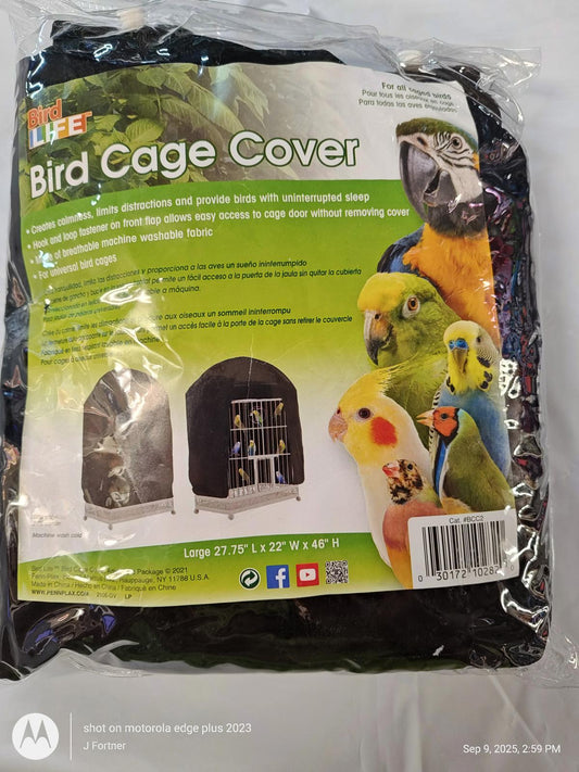 Bird Cage Cover designed for optimal sleep and privacy for birds, featuring a black color and dimensions of 27.79" L x 22" W x 48" H.