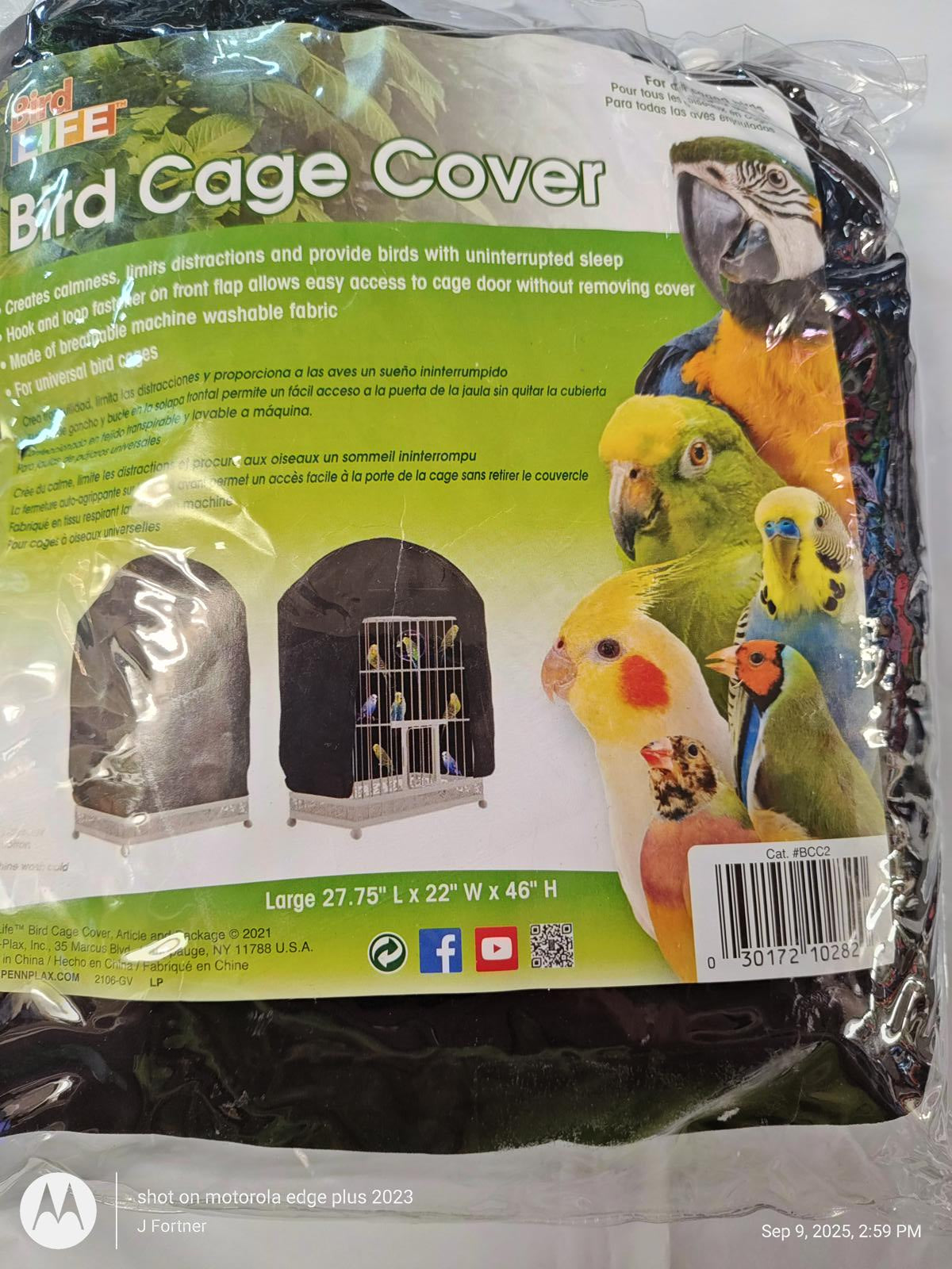 Bird Cage Cover designed for large cages, featuring vibrant parrot images and a protective design.