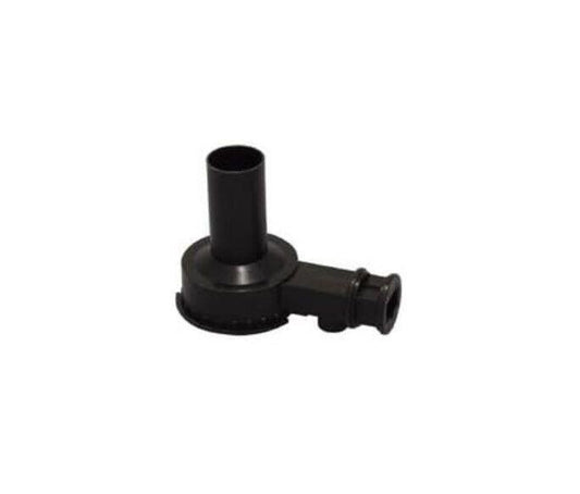 Black automotive air intake elbow fitting with a smooth surface and a connector.