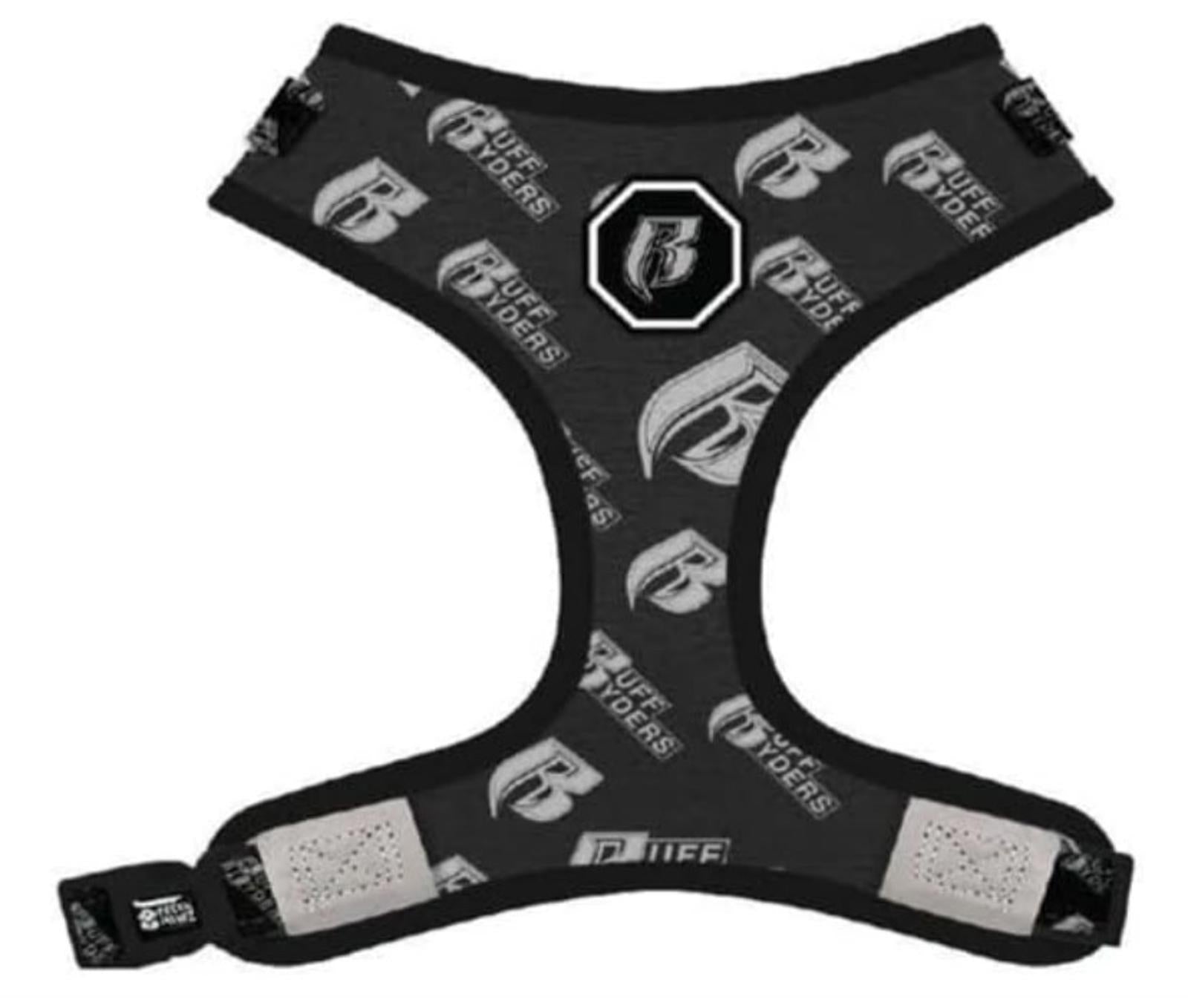 Black Pet Harness featuring durable material and logo design for comfort and style.