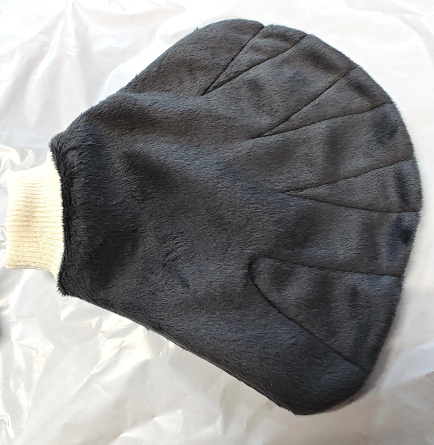 Black Faux Fur Oven Mitt with Cream Knit Cuff for heat protection.