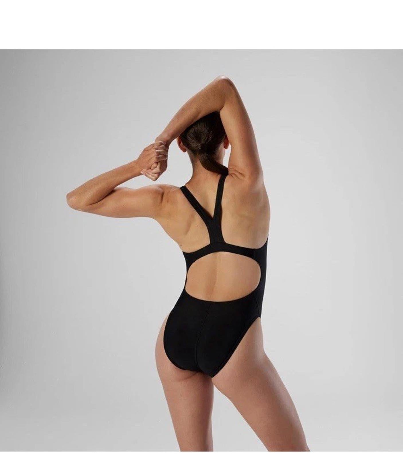 Black One-Piece Swimsuit featuring a stylish open back design.