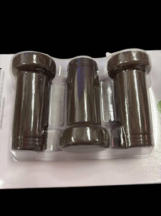 Product name: Black Plastic Spacers, three spacers in a clear packaging, ideal for various applications.