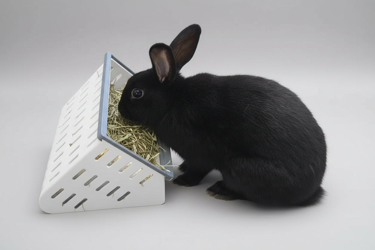 Black Rabbit feeding from a white hay feeder, showcasing its sleek fur and attentive posture.