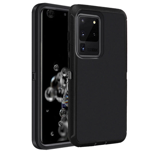 Black Samsung Galaxy S20 Ultra case with precise cutouts for camera and buttons.