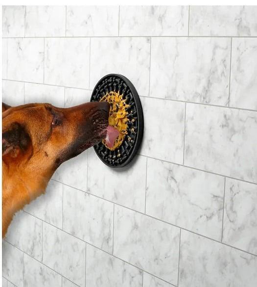 Dog licking a wall-mounted slow feeder designed for interactive feeding.