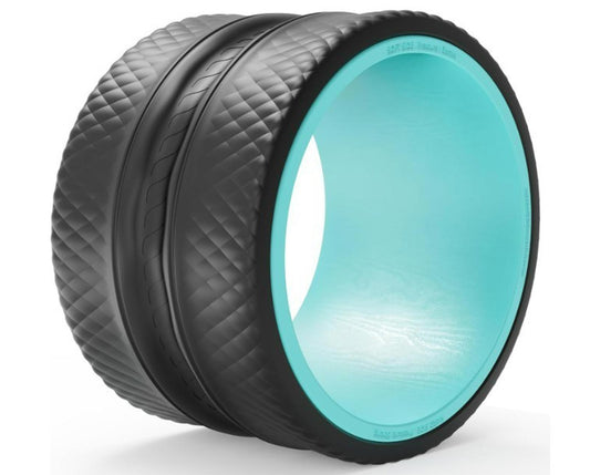 Black and turquoise tire featuring a textured surface and unique design.