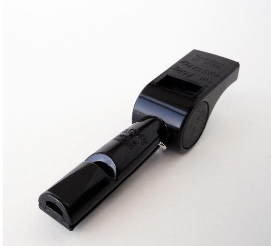 Black whistle with ergonomic design for easy grip and loud sound.