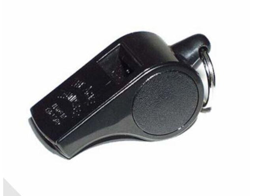 Black whistle with a keyring attachment, ideal for sports and safety.