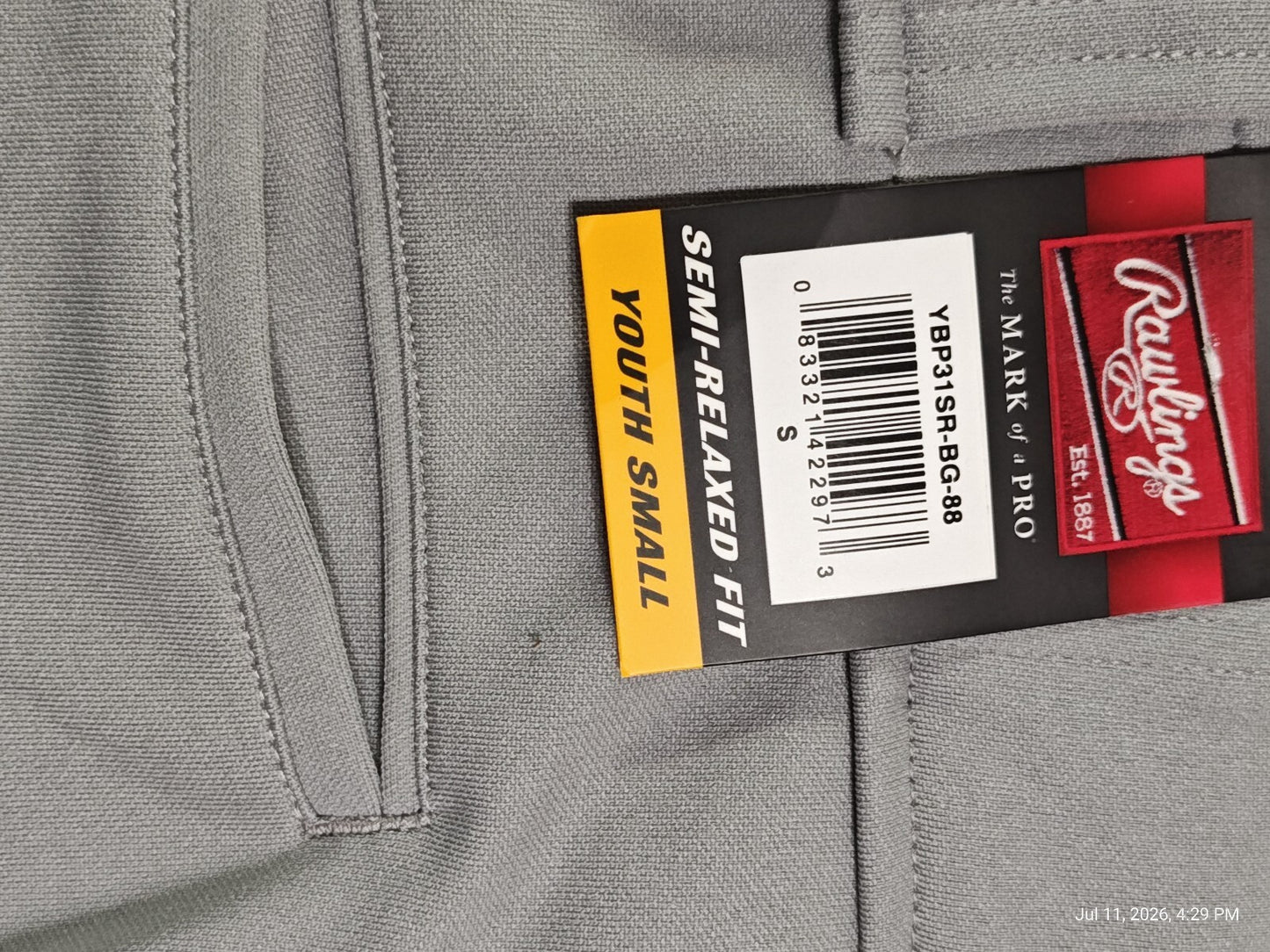 Rawlings Semi-Relaxed Full Length Baseball Pant | Solid Grey Youth Small