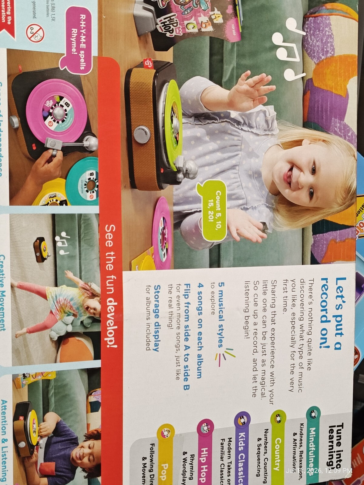 Fisher-Price Rockin’ Record Player Musical Toy W/Turntable & 5 Albums