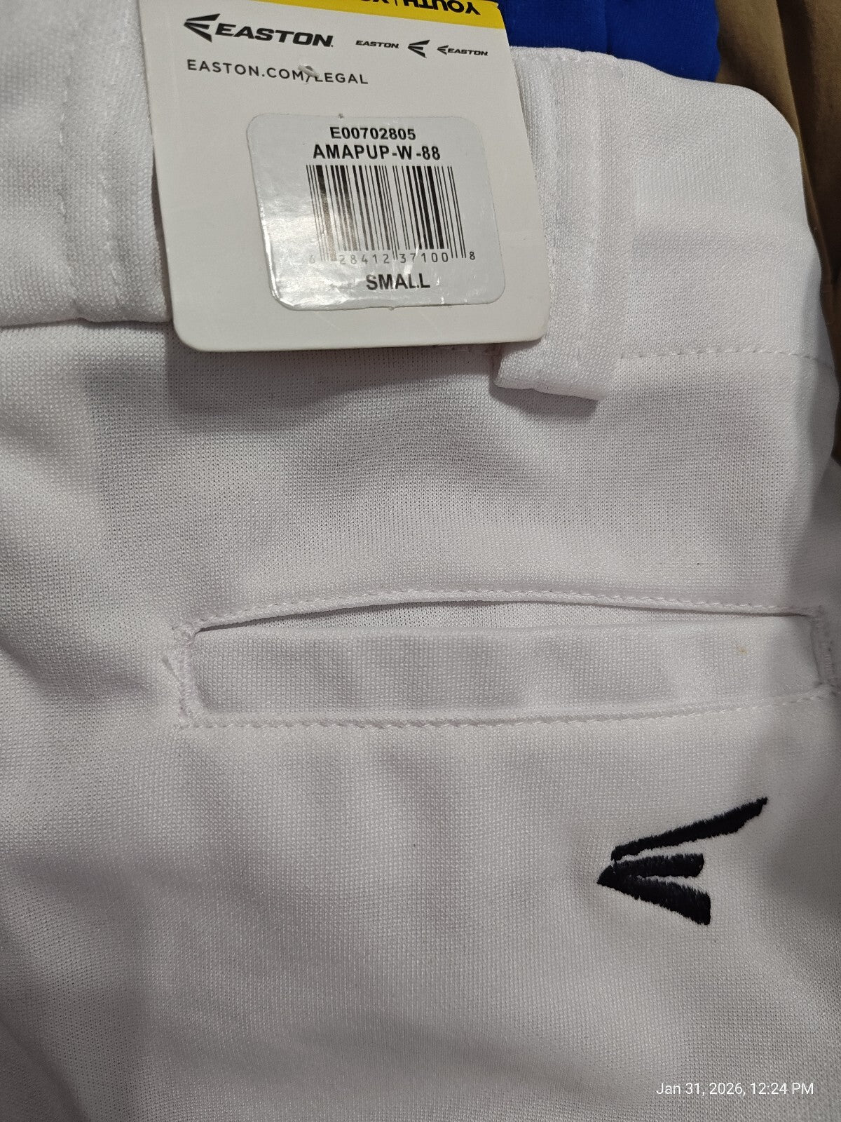 Easton Boy's  Baseball Pants Youth Sizes Full Length  Elastic Bottom White