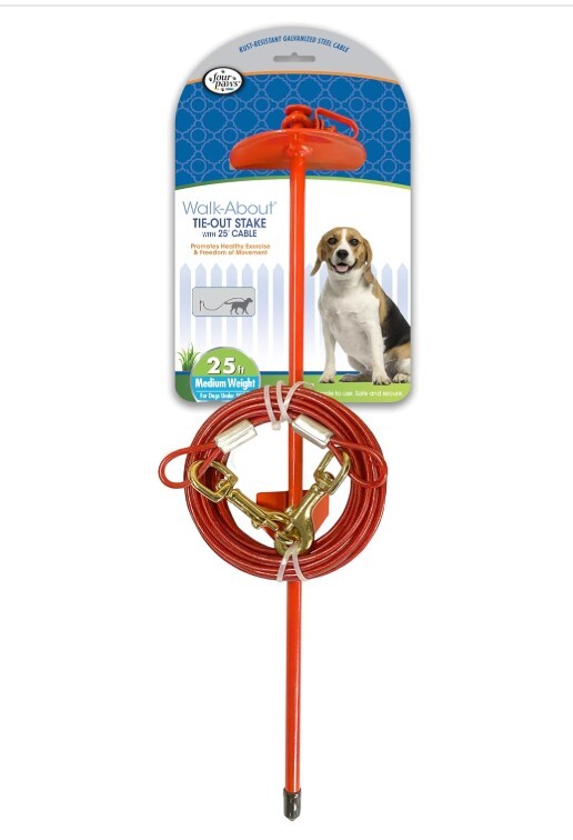 Four Paws Roam About Dog Tie Out Stake with Cable Red 25 Foot