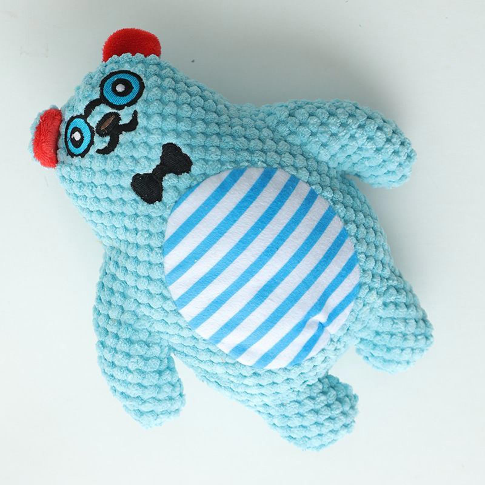 Blue Crochet Bear Toy with striped belly and red ears, perfect for kids.