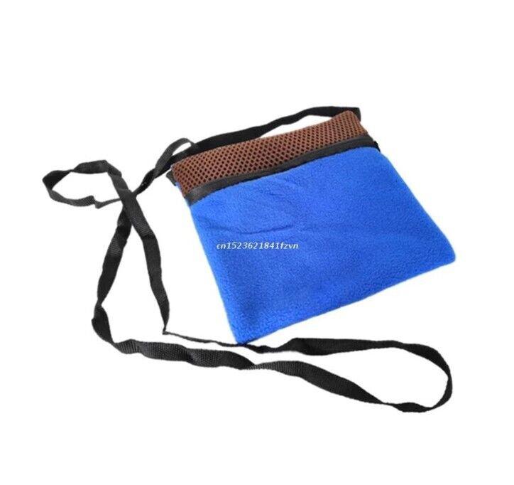 Blue crossbody bag with a brown mesh top and black strap, perfect for casual outings.