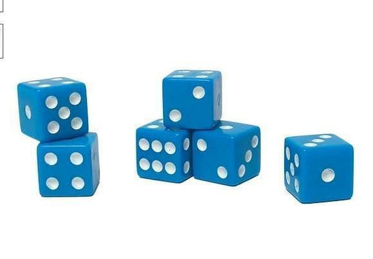 Blue dice set featuring six-sided dice with white pips, perfect for board games.