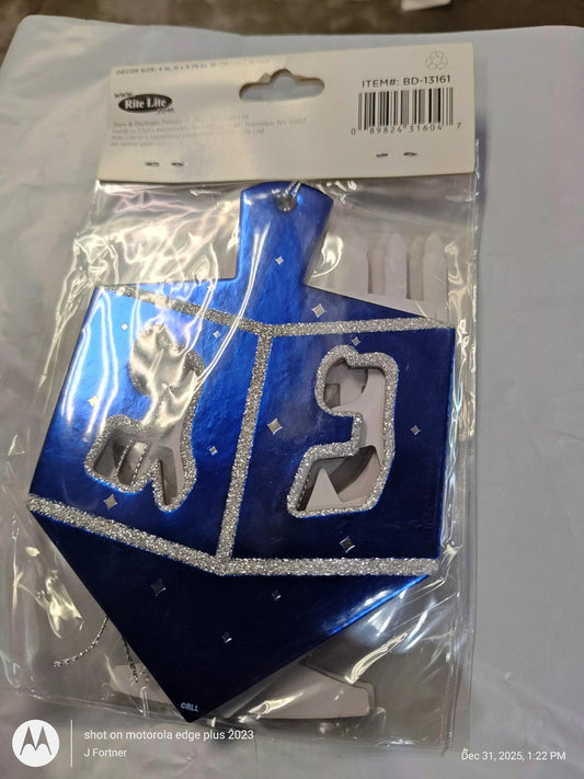 Blue Dreidel ornament with glittery details, perfect for Hanukkah celebrations.