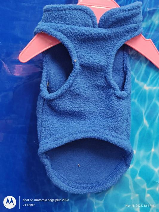Blue fleece dog vest with a soft texture and sleeveless design.
