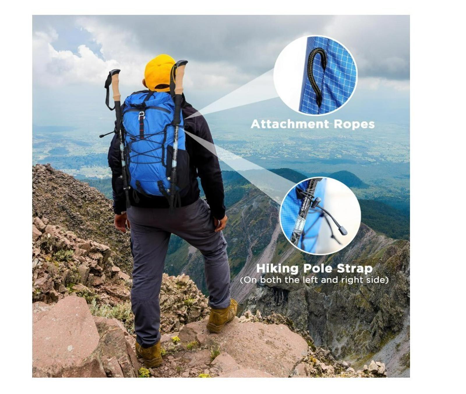 Blue hiking backpack featuring attachment ropes and hiking pole straps for outdoor adventures.