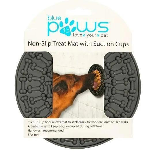 Blue Paws non-slip treat mat with suction cups designed for dogs during bath time.