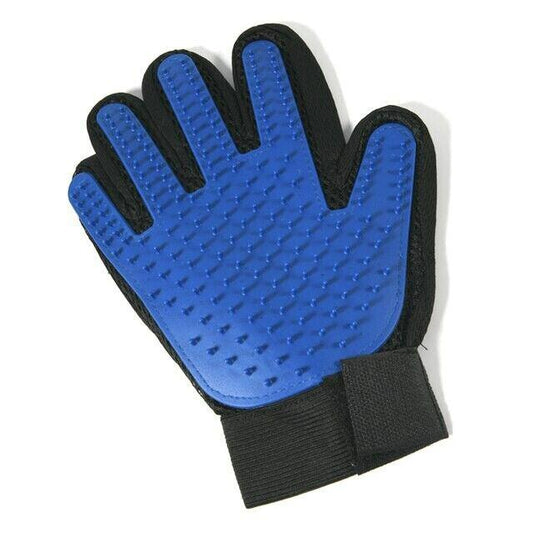 Blue pet grooming glove with textured surface for effective fur removal.