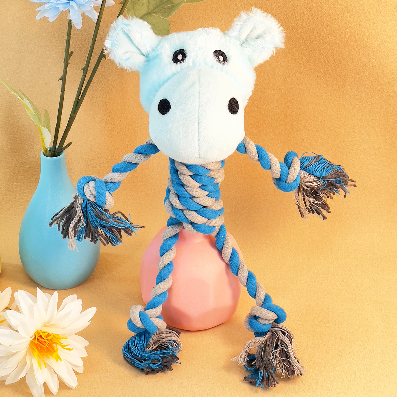 Blue Plush Toy Rope Animal features a cute design with soft ears and playful colors.