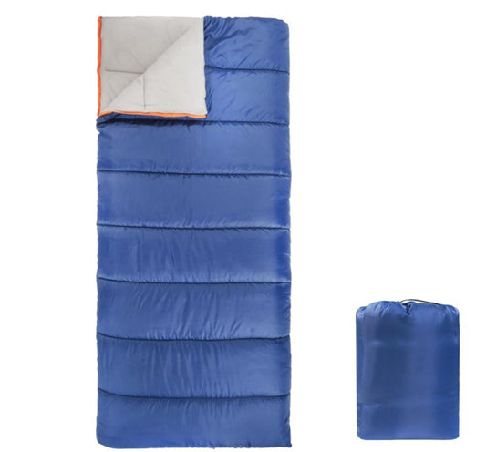 Blue sleeping bag with gray lining and orange accents, ideal for camping.