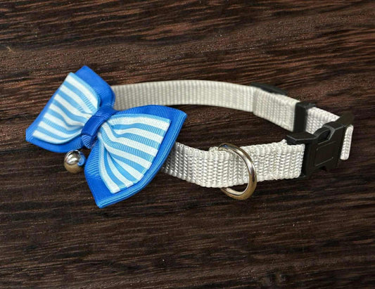 Blue Striped Bow Cat Collar with bell and adjustable strap.