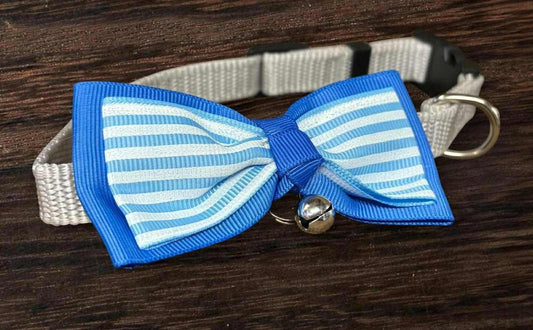 Blue Bow Tie Cat Collar with Stripes and Bell.
