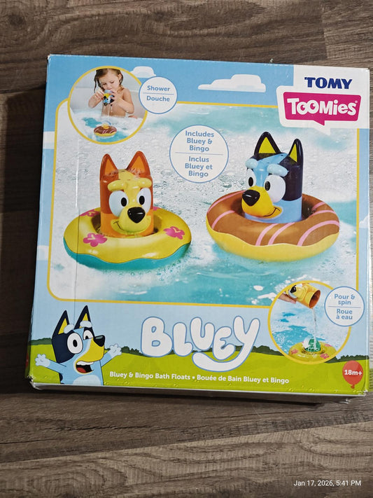 Bluey bath float set featuring Bluey and Bingo characters in colorful inflatable rings.