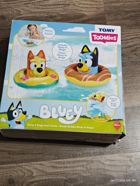 Bluey bath floats featuring Bluey and Bingo in colorful rings for fun water play.
