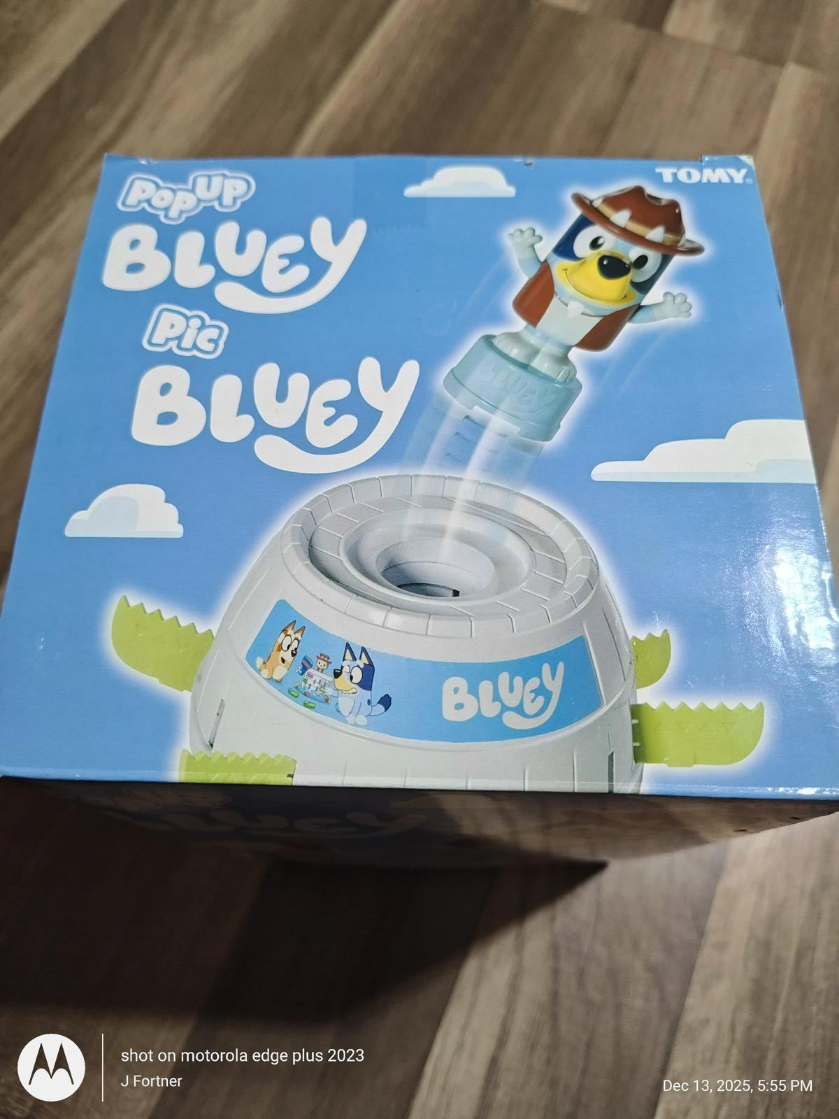 Bluey Pop-Up Pic toy featuring Bluey character on a colorful box.